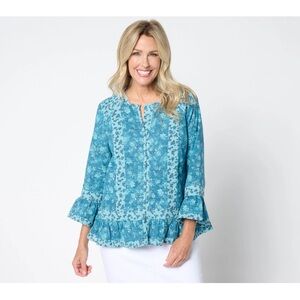 LOGO by Lori Goldstein Blue Floral Cotton Top Women’s XL | Boho Metal Clasp